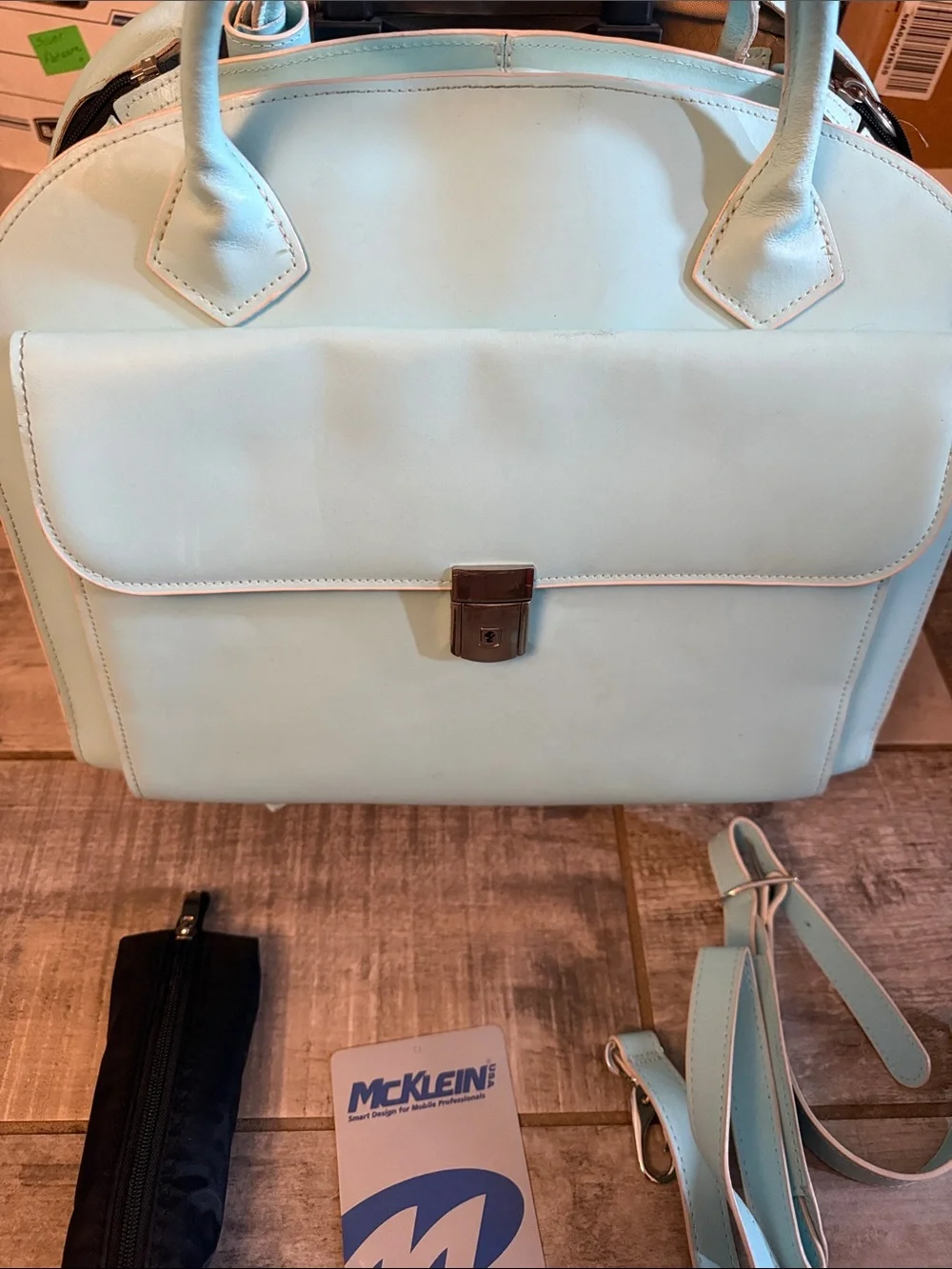 McKlein Sky Blue Rolling Leather Computer Bag Top-Handle & Shoulder Strap